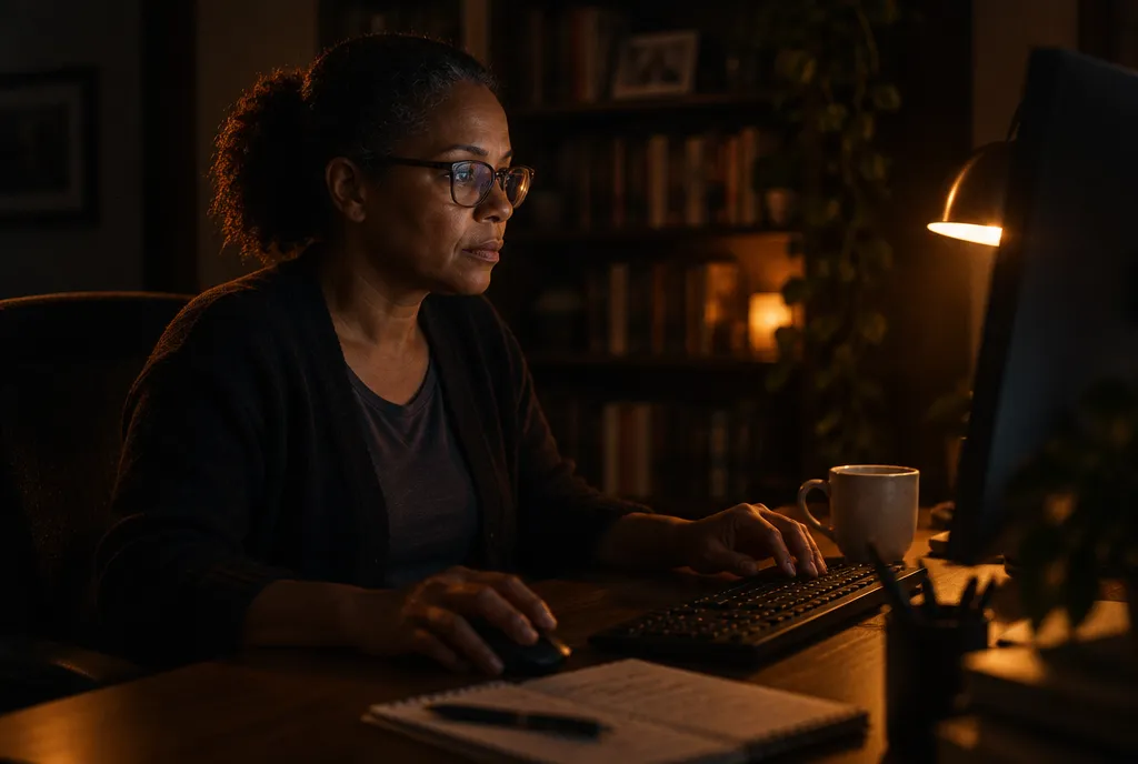 A business owner working at her computer late in the evening